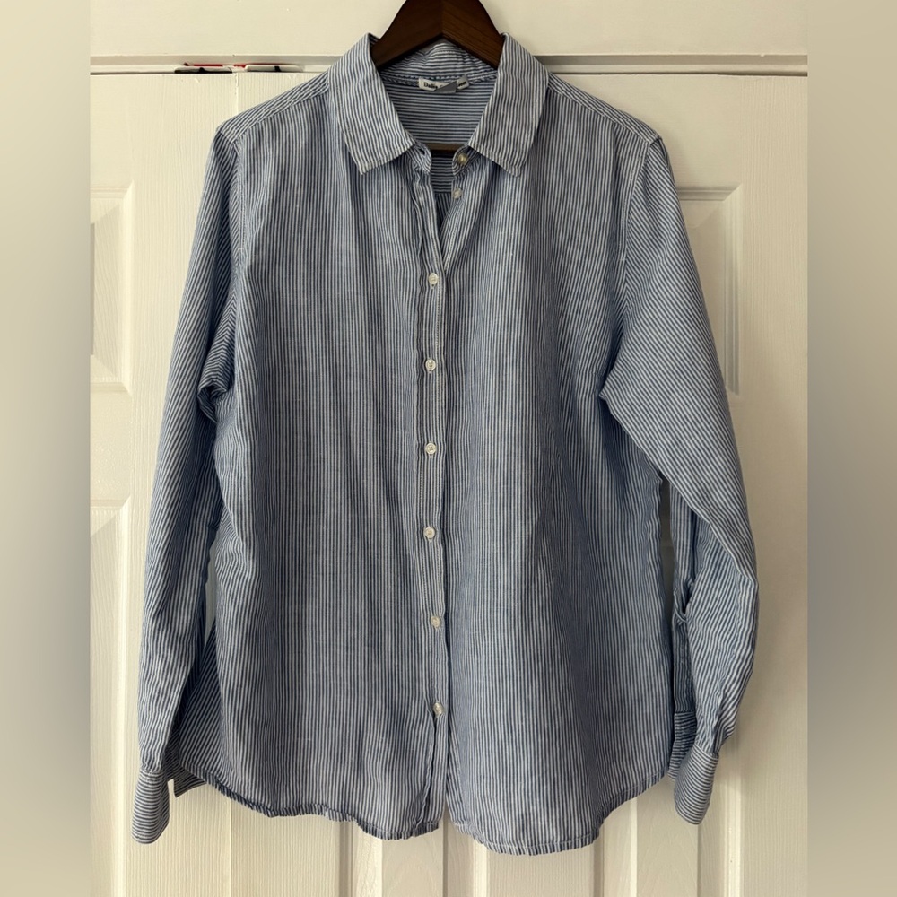 Dalia Collection Navy Pinstripe Linen Cotton Casual Shirt Size‎ XL EUC